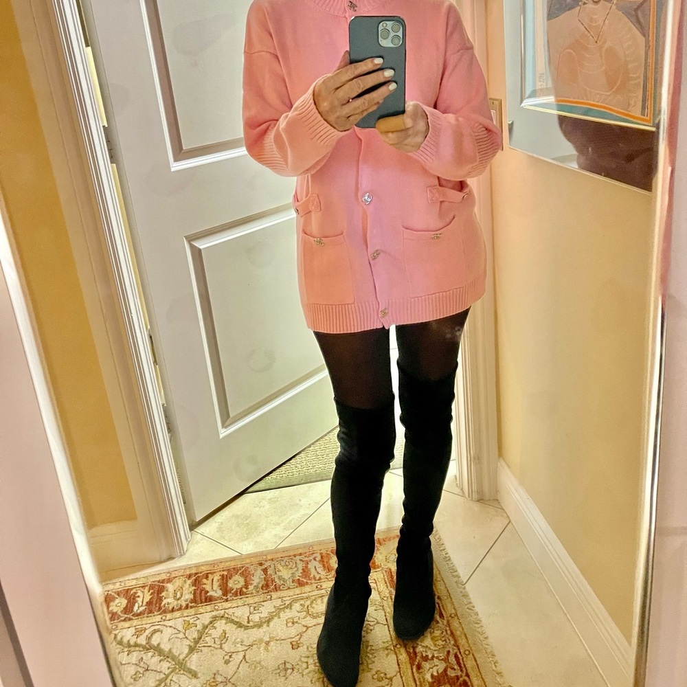 Pink Button-Up Cardigan and grey cashmere sweater